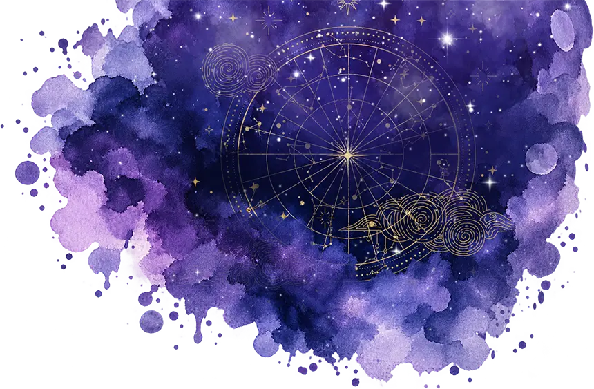 A celestial fantasy scene beneath a glowing star map
